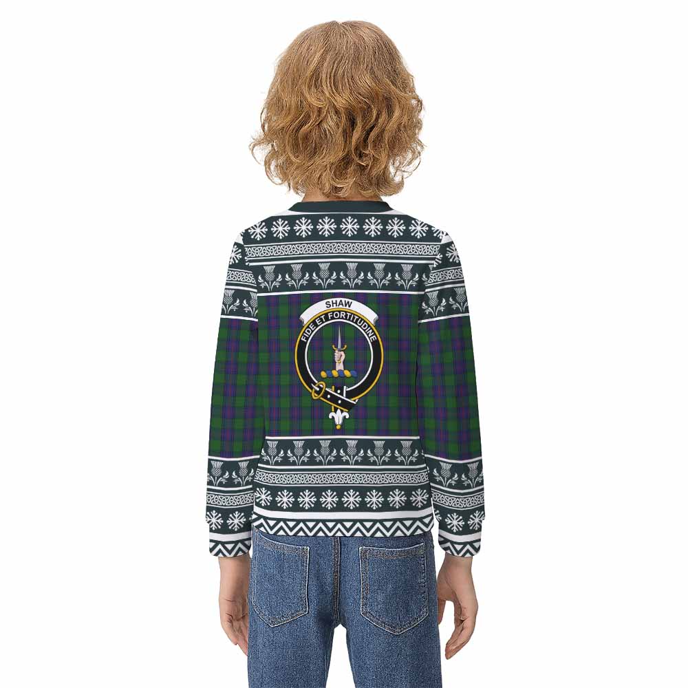 Shaw Clan Tartan Christmas Kid Ugly Sweatshirt with Family Crest - Tartan Vibes Clothing