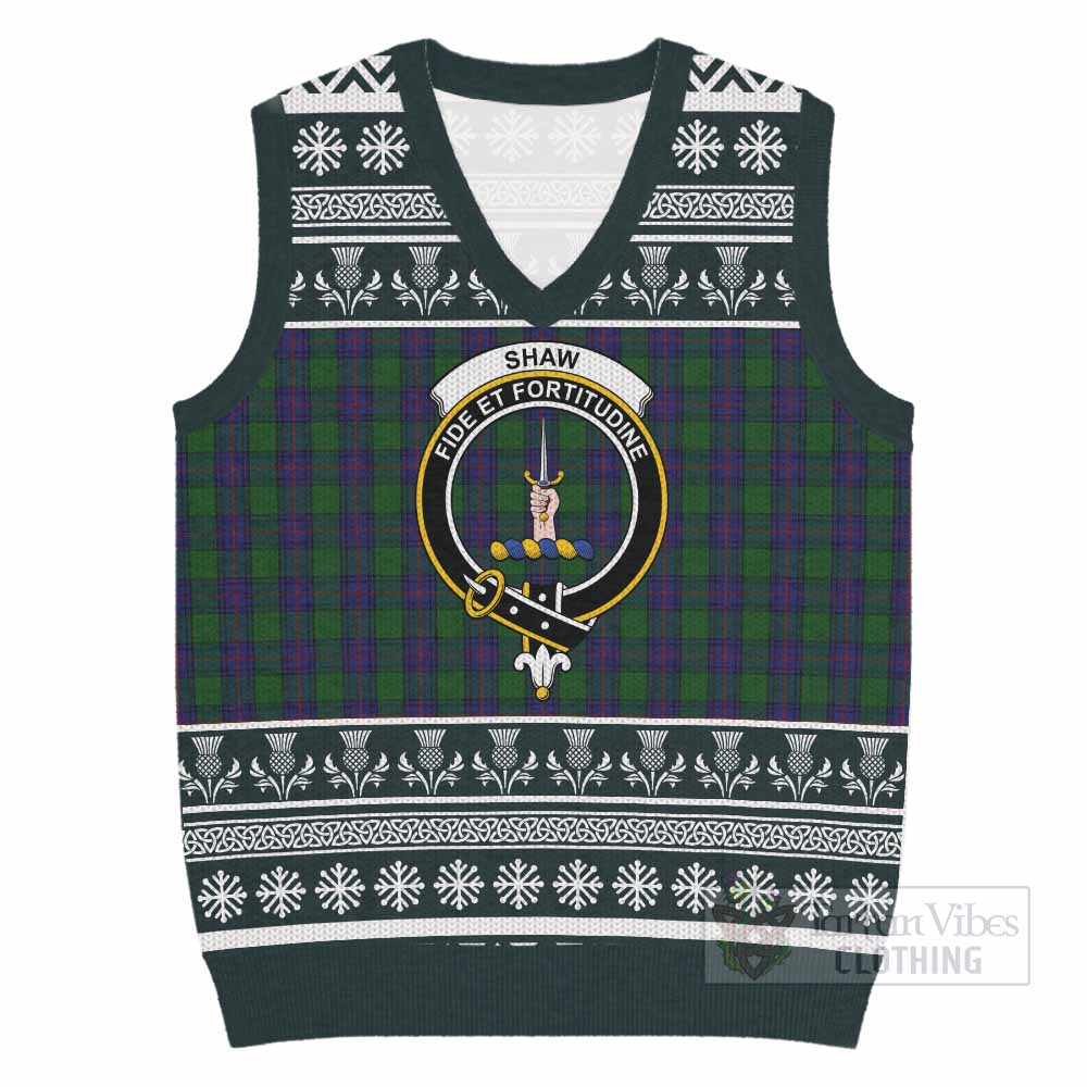 Shaw Clan Tartan Christmas Knitted V-Neck Vest with Family Crest - Tartan Vibes Clothing