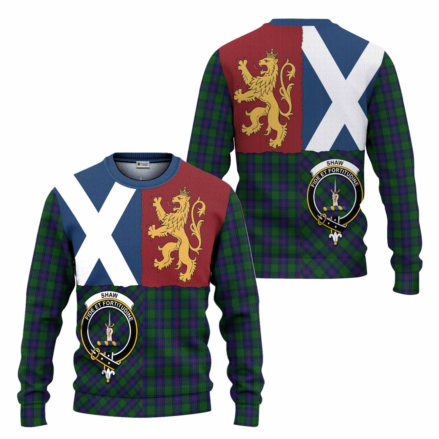 Shaw Crest Tartan Knitted Sweater with Lion Rampant Saltire Style