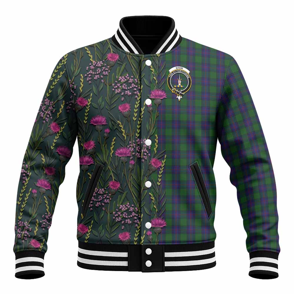 Shaw Family Crest Tartan Baseball Jacket Scottish Thistle Flower Pattern Half Style - Tartan Vibes Clothing