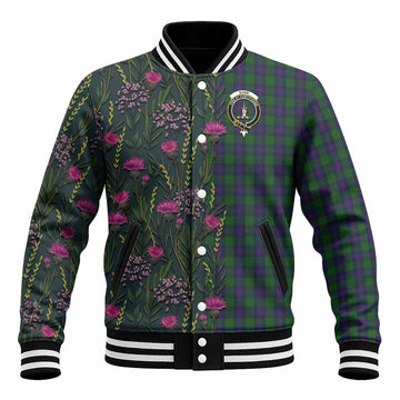 Shaw Family Crest Tartan Baseball Jacket Scottish Thistle Flower Pattern Half Style