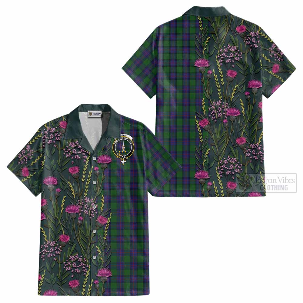 Shaw Family Crest Tartan Cotton Hawaiian Shirt Scottish Thistle Flower Pattern Half Style - Tartan Vibes Clothing
