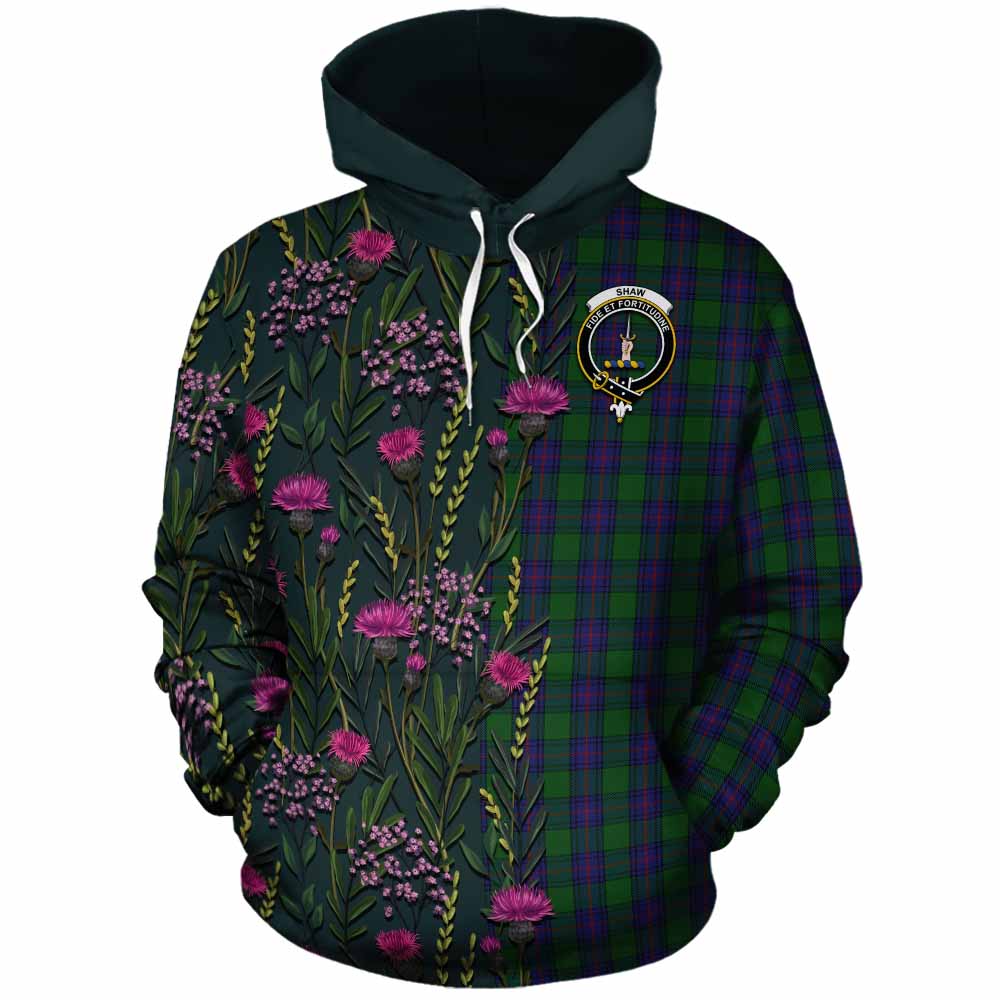 Shaw Family Crest Tartan Cotton Hoodie Scottish Thistle Flower Pattern Half Style - Tartan Vibes Clothing