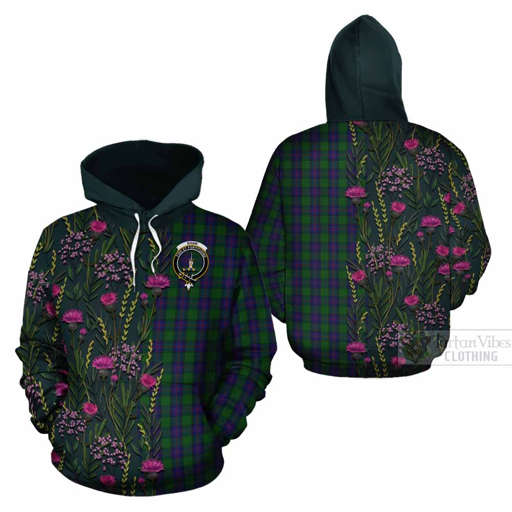 Shaw Family Crest Tartan Cotton Hoodie Scottish Thistle Flower Pattern Half Style - Tartan Vibes Clothing