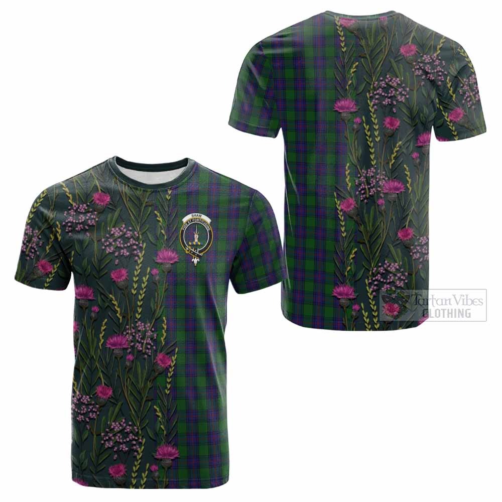 Shaw Family Crest Tartan Cotton T-shirt Scottish Thistle Flower Pattern Half Style - Tartan Vibes Clothing