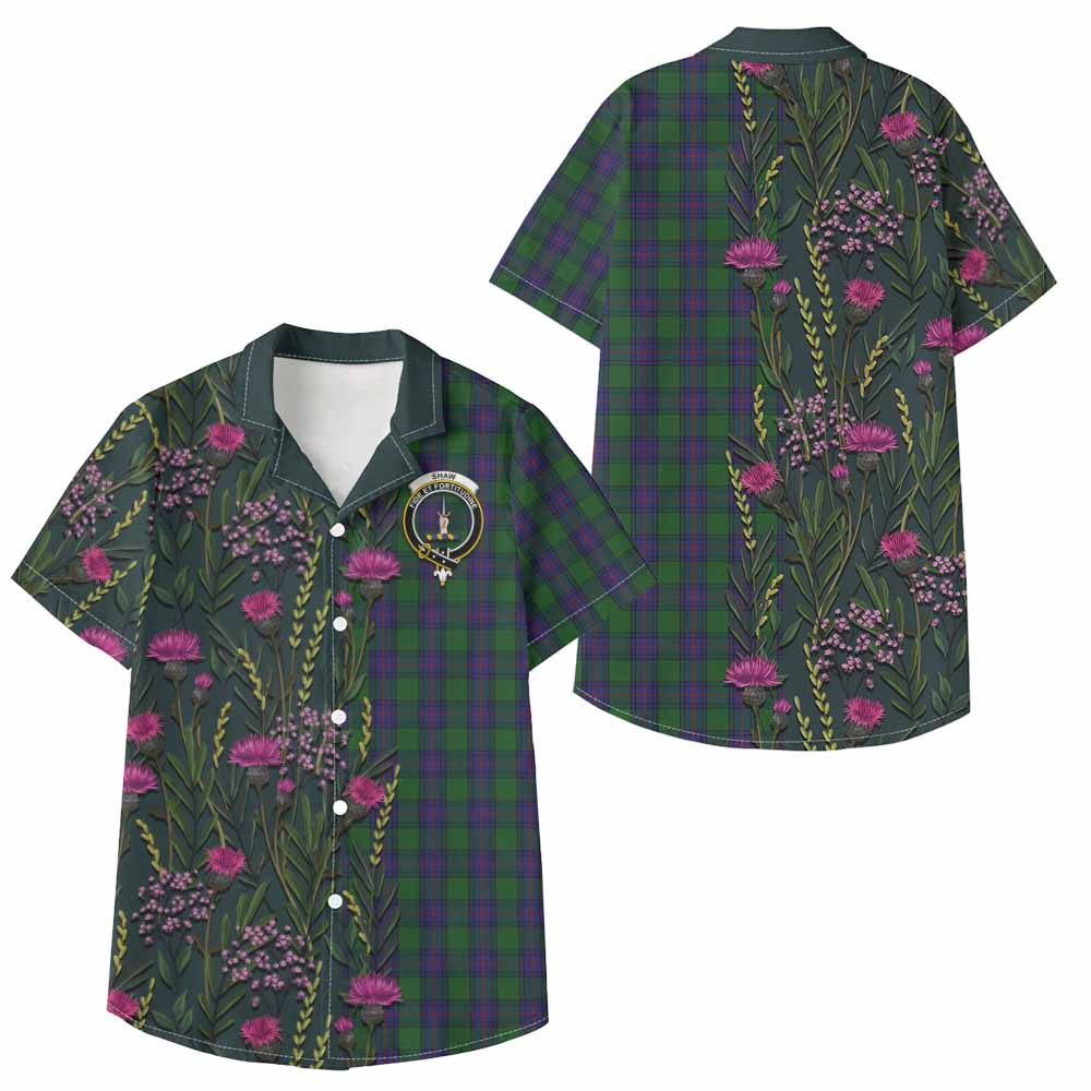 Shaw Family Crest Tartan Kid Hawaiian Shirt Scottish Thistle Flower Pattern Half Style - Tartan Vibes Clothing