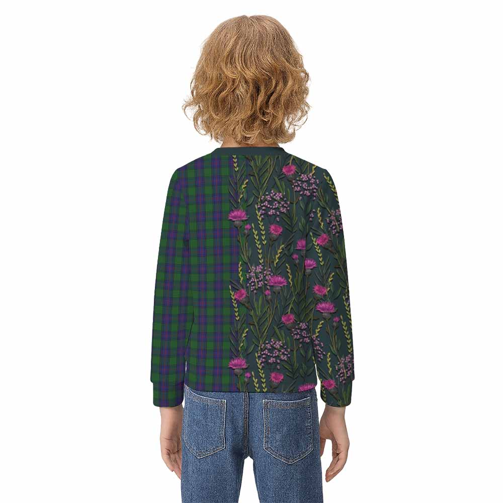 Shaw Family Crest Tartan Kid Knitted Sweatshirt Scottish Thistle Flower Pattern Half Style - Tartan Vibes Clothing