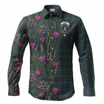 Shaw Family Crest Tartan Long Sleeve Button Shirts Scottish Thistle Flower Pattern Half Style