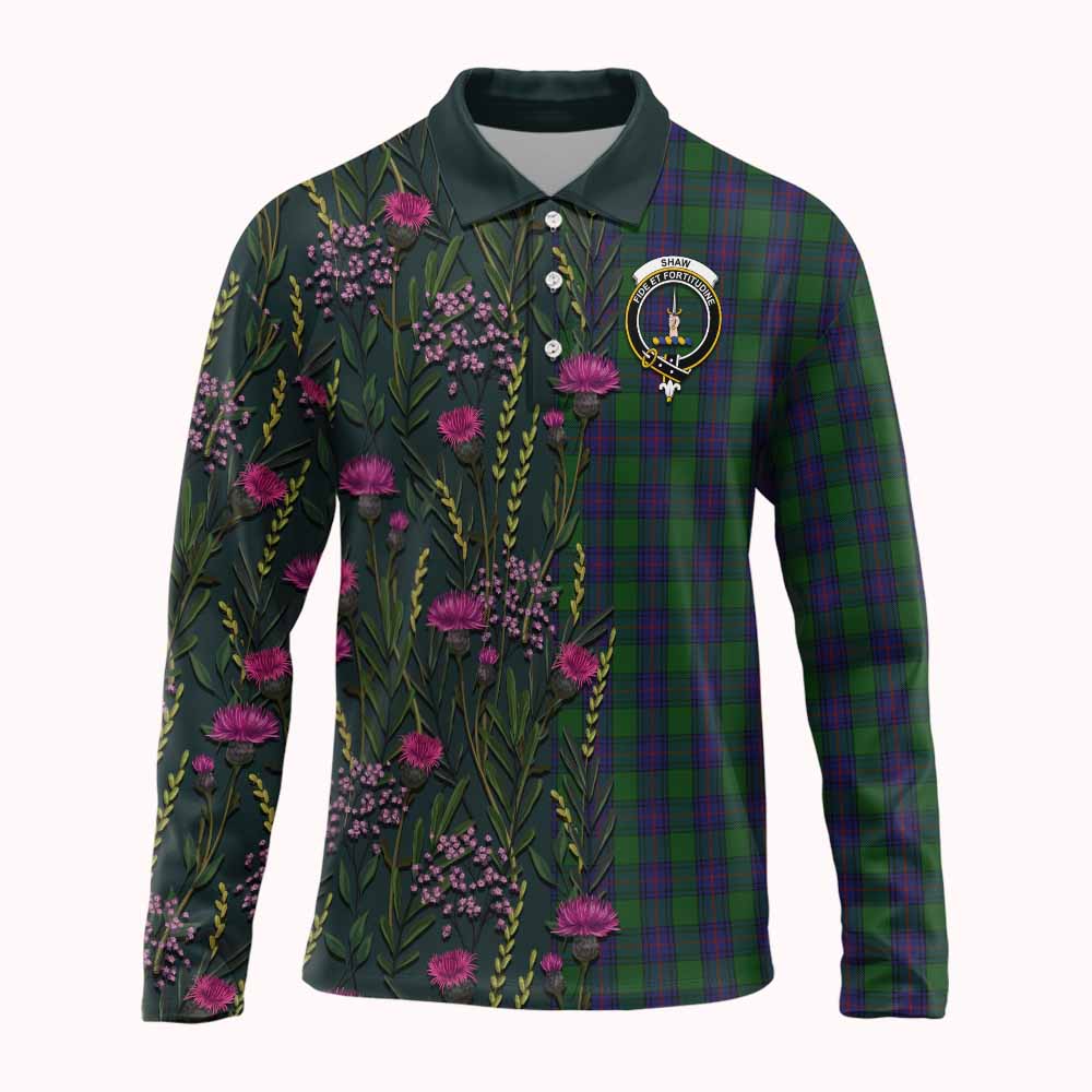 Shaw Family Crest Tartan Long Sleeve Polo Shirt Scottish Thistle Flower Pattern Half Style - Tartan Vibes Clothing