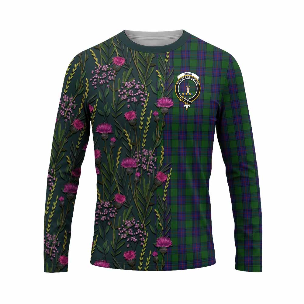 Shaw Family Crest Tartan Long Sleeve T-Shirt Scottish Thistle Flower Pattern Half Style - Tartan Vibes Clothing