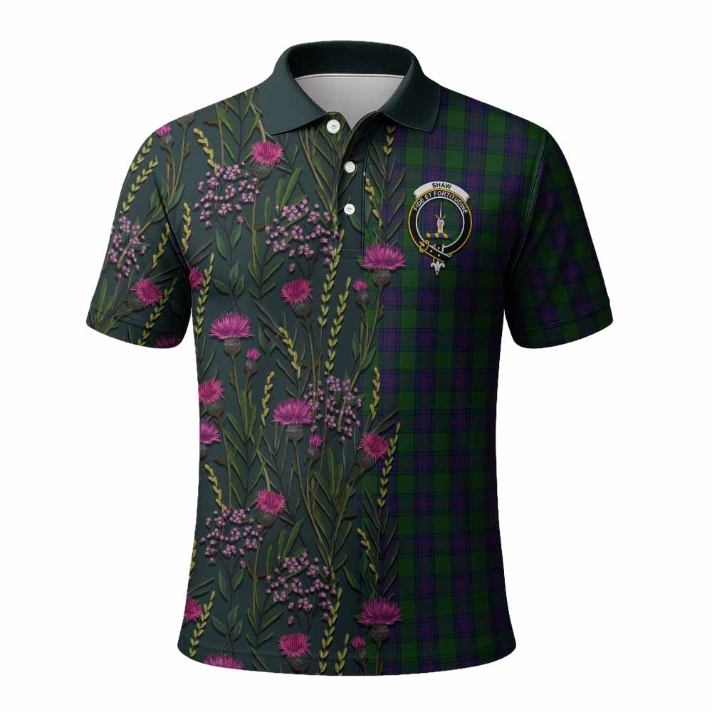 Shaw Family Crest Tartan Polo Shirt Scottish Thistle Flower Pattern Half Style - Tartan Vibes Clothing