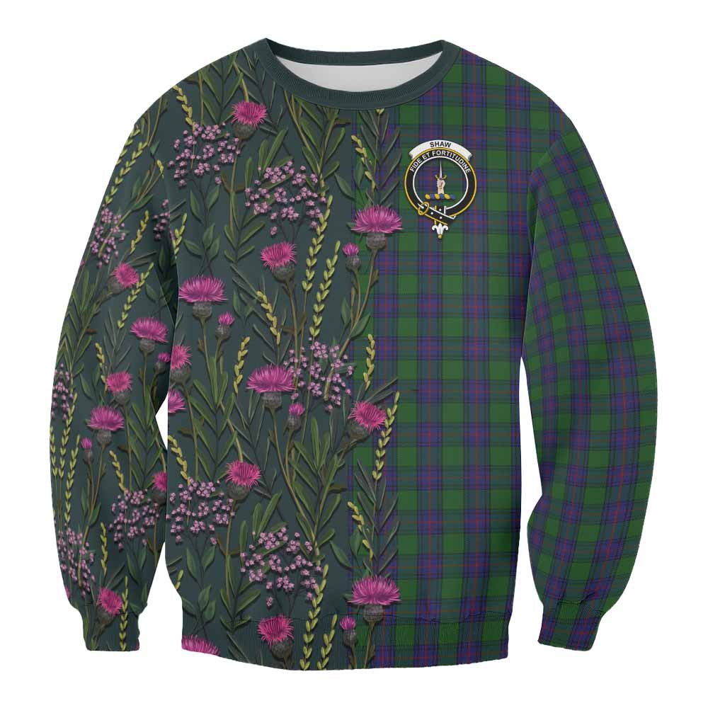 Shaw Family Crest Tartan Sweatshirt Scottish Thistle Flower Pattern Half Style - Tartan Vibes Clothing