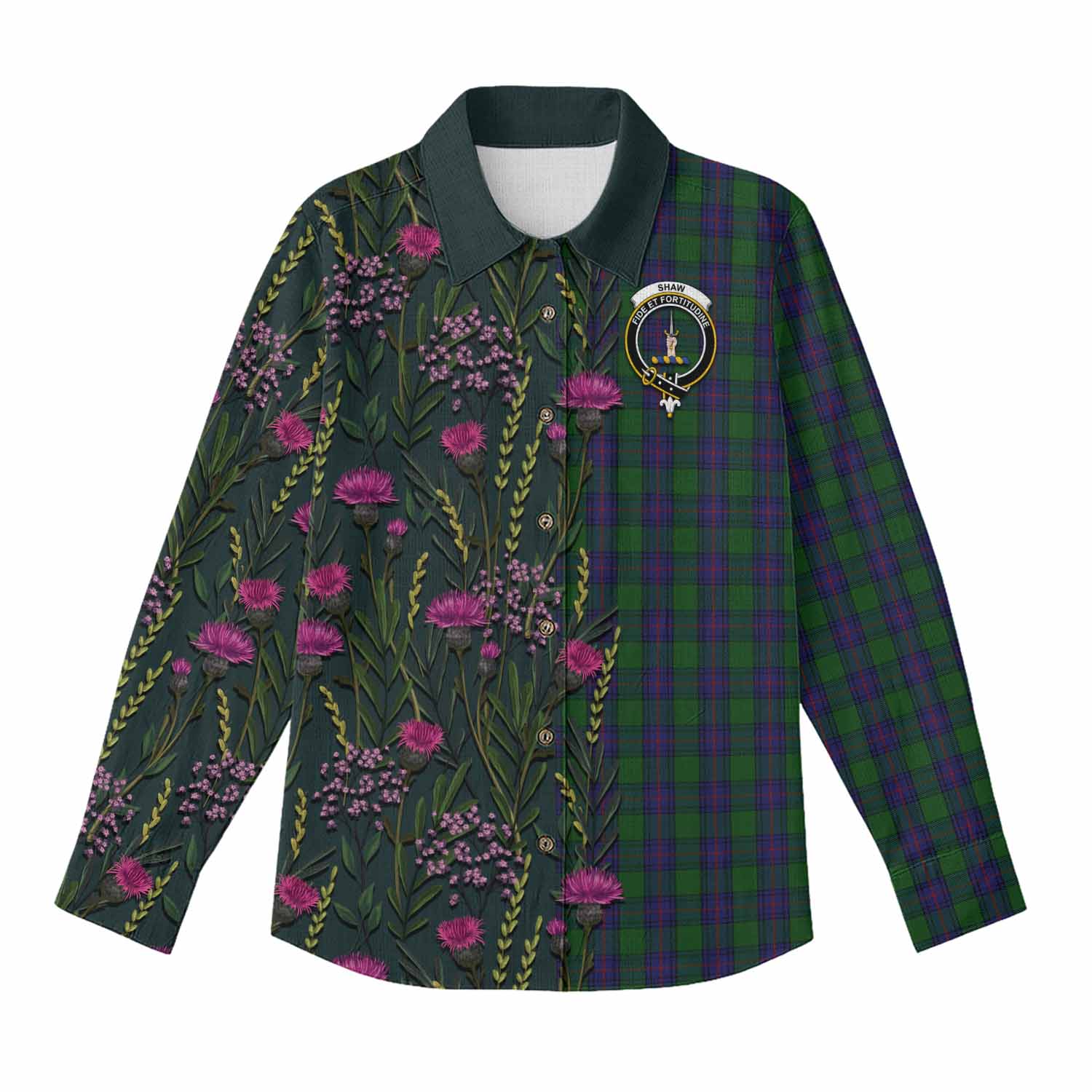 Shaw Family Crest Tartan Women Casual Shirt Scottish Thistle Flower Pattern Half Style - Tartan Vibes Clothing