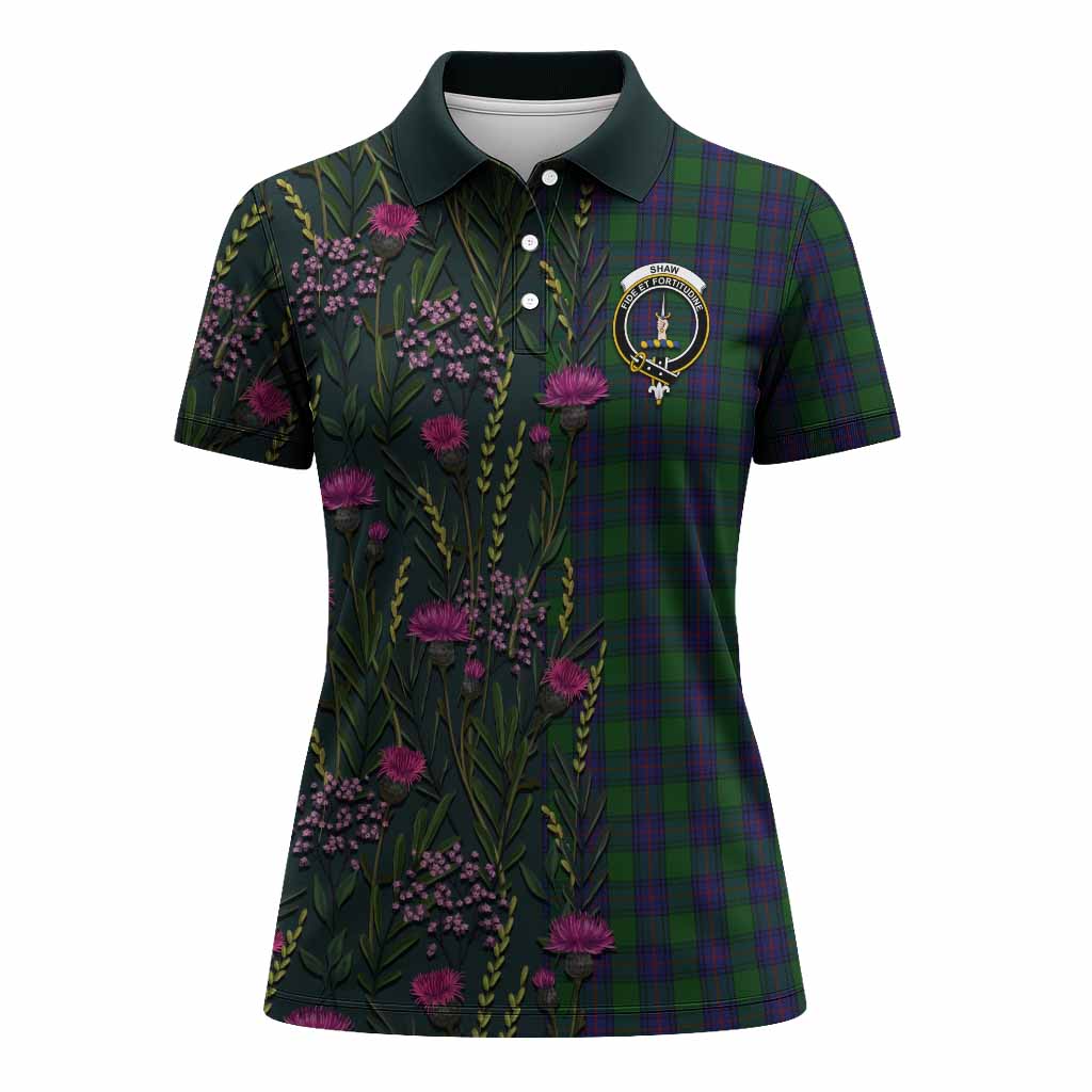 Shaw Family Crest Tartan Women Polo Shirt Scottish Thistle Flower Pattern Half Style - Tartan Vibes Clothing