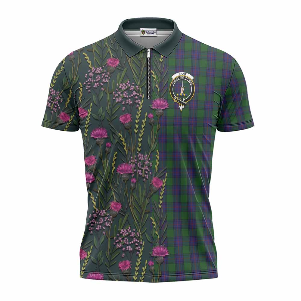 Shaw Family Crest Tartan Zipper Polo Shirt Scottish Thistle Flower Pattern Half Style - Tartan Vibes Clothing