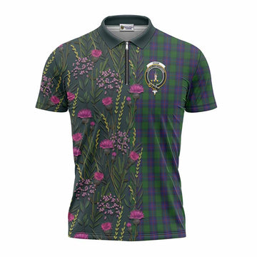 Shaw Family Crest Tartan Zipper Polo Shirt Scottish Thistle Flower Pattern Half Style