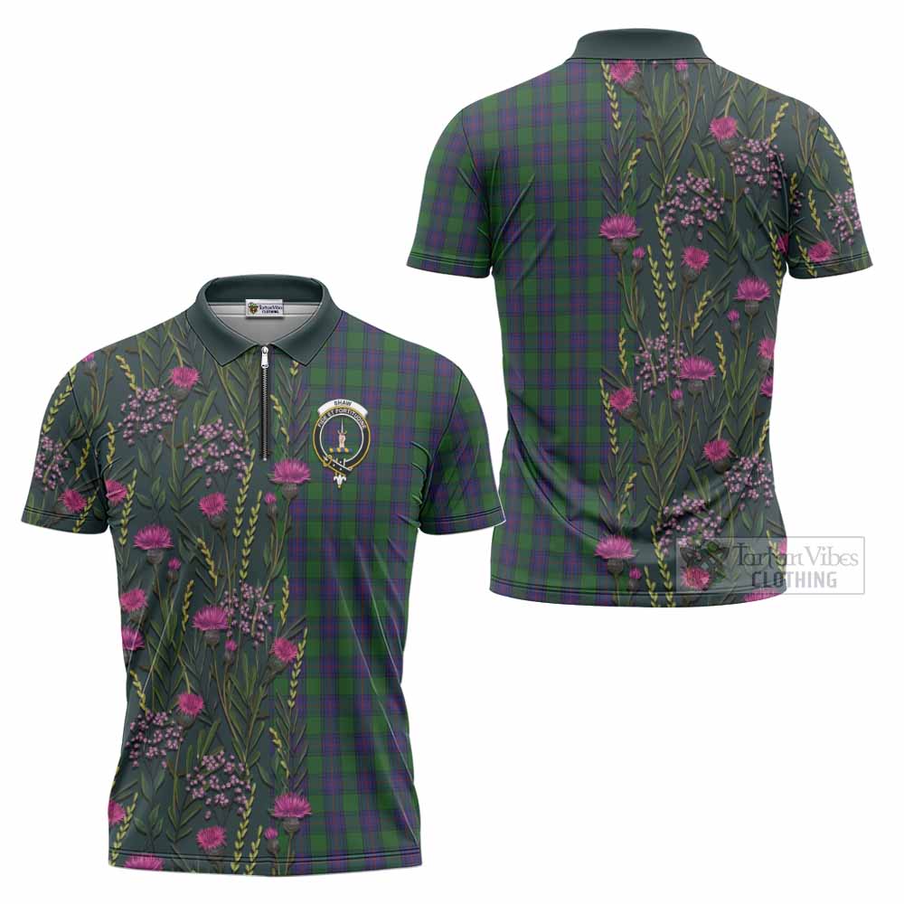 Shaw Family Crest Tartan Zipper Polo Shirt Scottish Thistle Flower Pattern Half Style - Tartan Vibes Clothing