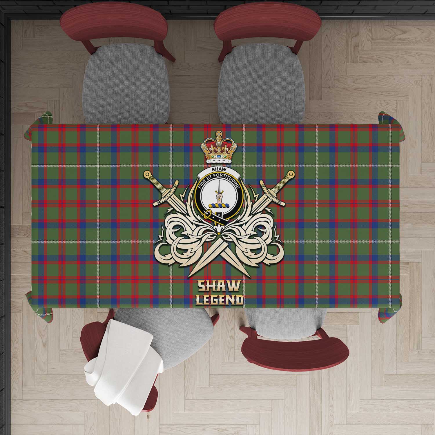 Tartan Vibes Clothing Shaw Green Modern Tartan Tablecloth with Clan Crest and the Golden Sword of Courageous Legacy