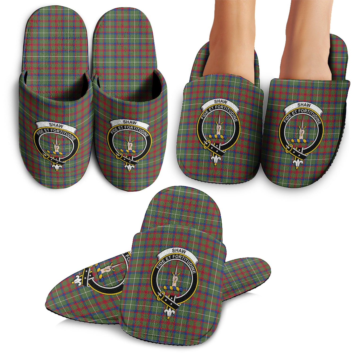 Shaw Green Modern Tartan Home Slippers with Family Crest - Tartanvibesclothing Shop