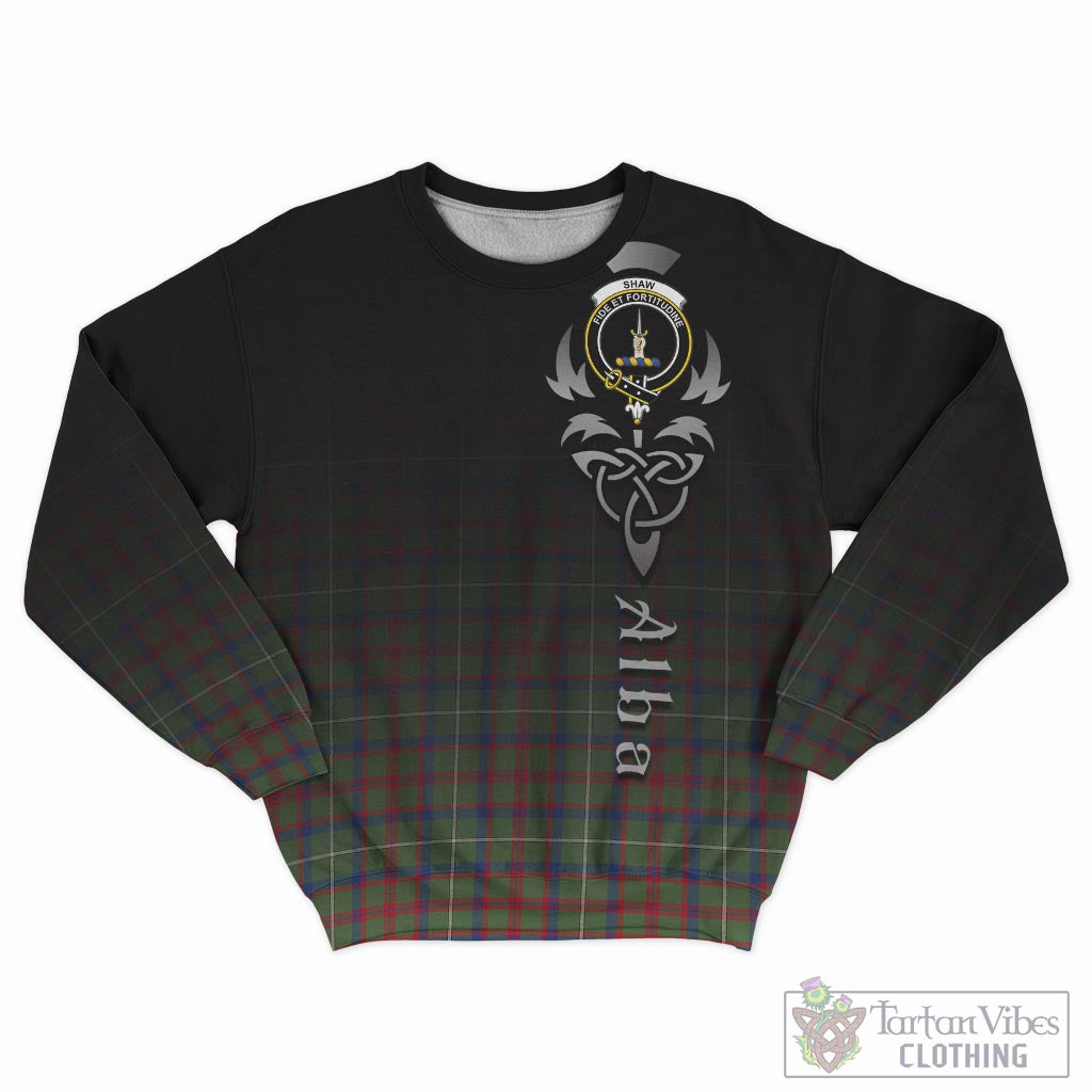 Tartan Vibes Clothing Shaw Green Modern Tartan Sweatshirt Featuring Alba Gu Brath Family Crest Celtic Inspired