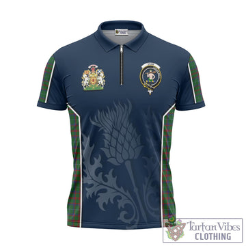Shaw of Tordarroch Green Hunting Tartan Zipper Polo Shirt with Family Crest and Scottish Thistle Vibes Sport Style