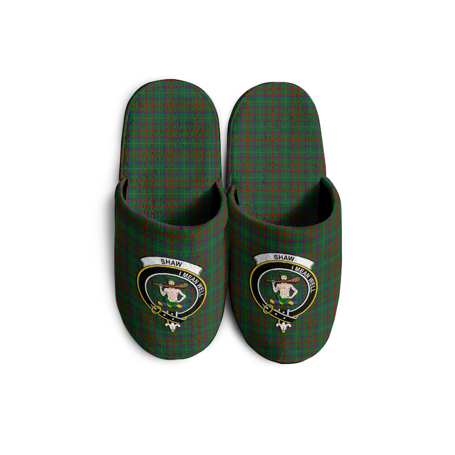 Shaw of Tordarroch Green Hunting Tartan Home Slippers with Family Crest - Tartanvibesclothing Shop