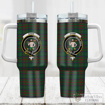 Shaw of Tordarroch Green Hunting Tartan and Family Crest Tumbler with Handle