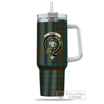 Shaw of Tordarroch Green Hunting Tartan and Family Crest Tumbler with Handle