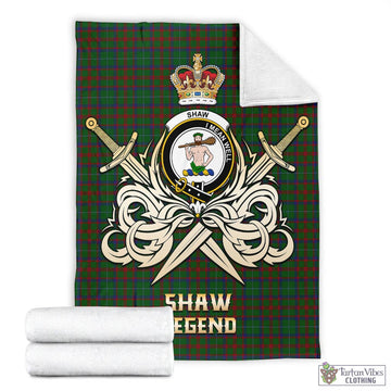 Shaw of Tordarroch Green Hunting Tartan Blanket with Clan Crest and the Golden Sword of Courageous Legacy