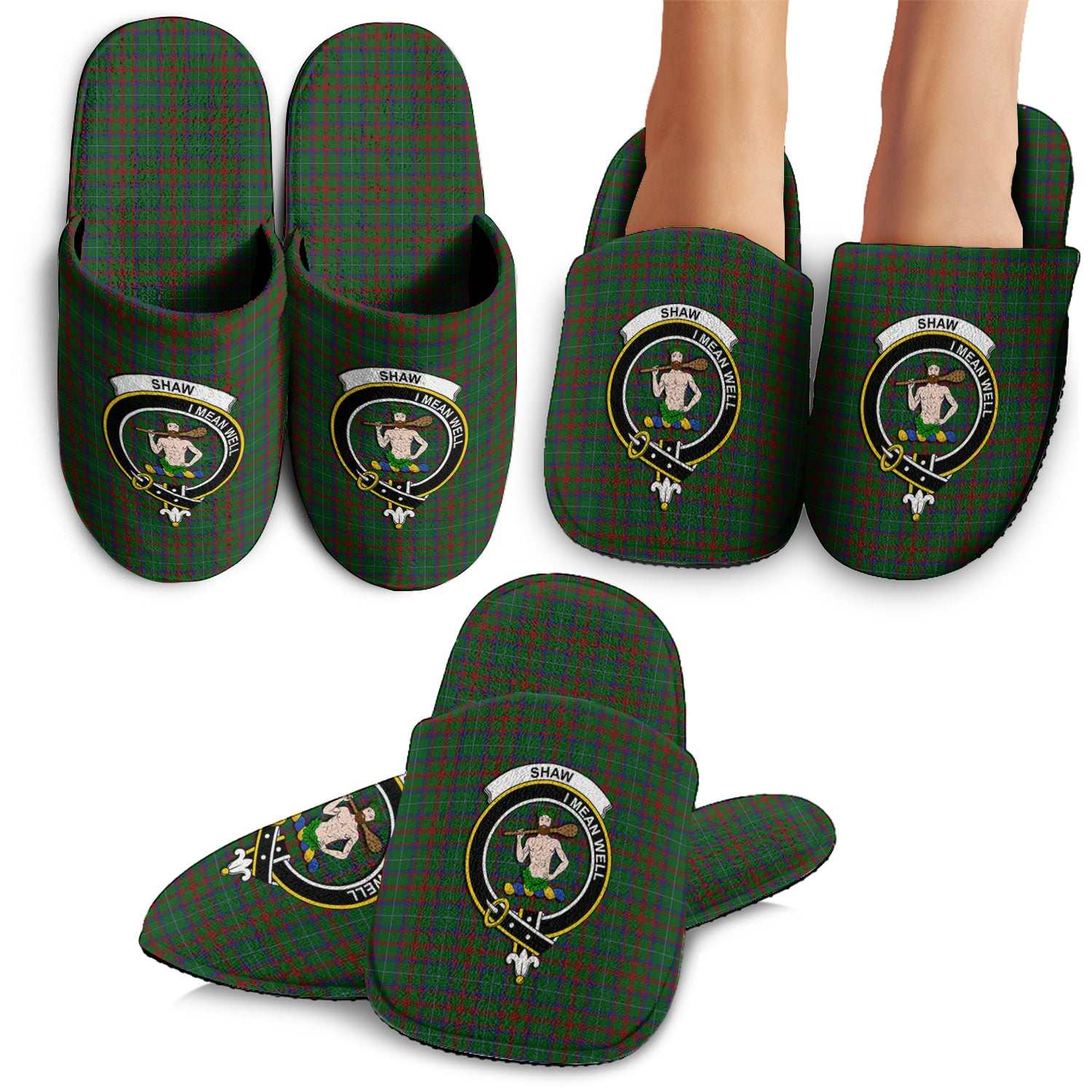 Shaw of Tordarroch Green Hunting Tartan Home Slippers with Family Crest - Tartanvibesclothing Shop
