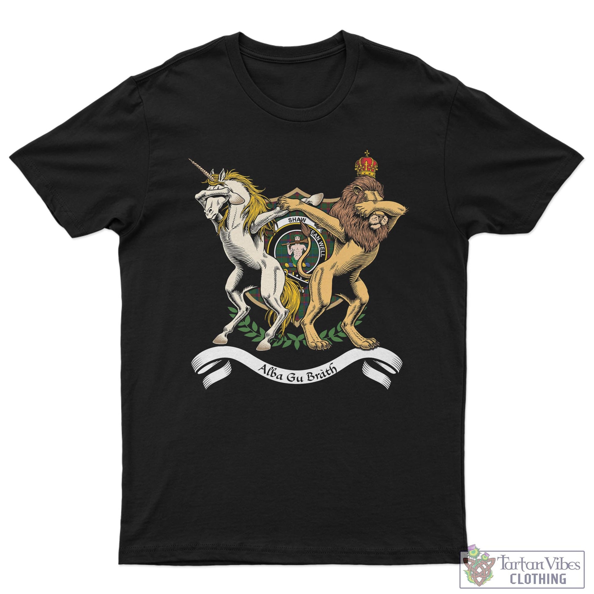 Tartan Vibes Clothing Shaw of Tordarroch Green Hunting Family Crest Cotton Men's T-Shirt with Scotland Royal Coat Of Arm Funny Style