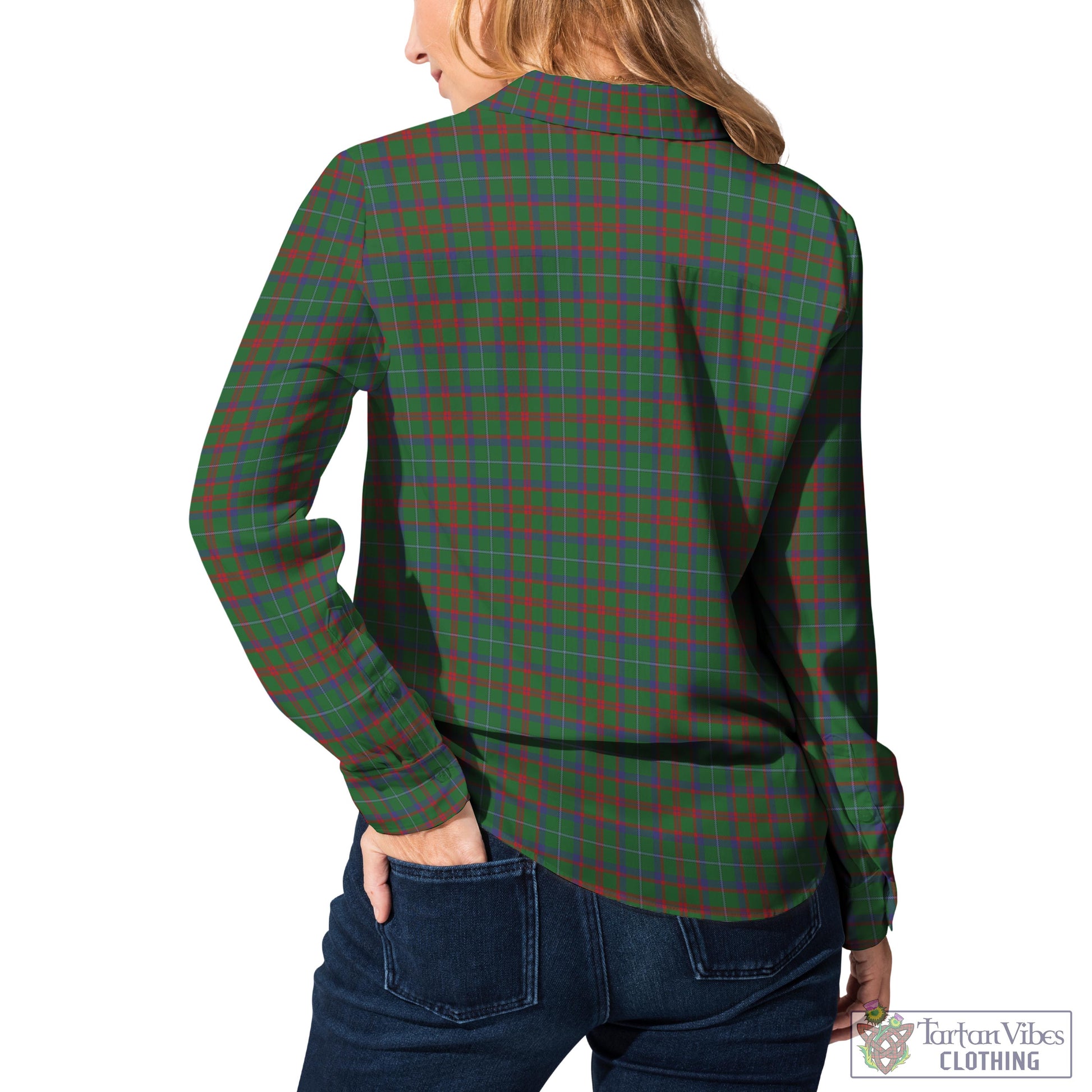 Tartan Vibes Clothing Shaw of Tordarroch Green Hunting Tartan Womens Casual Shirt with Family Crest