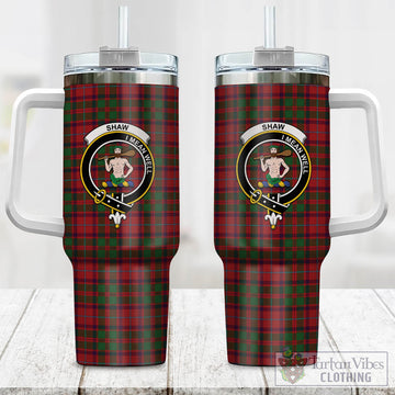 Shaw of Tordarroch Red Dress Tartan and Family Crest Tumbler with Handle