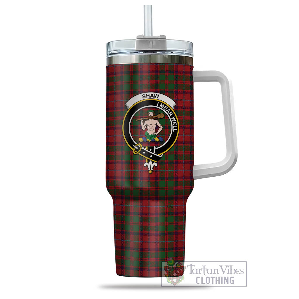 Tartan Vibes Clothing Shaw of Tordarroch Red Dress Tartan and Family Crest Tumbler with Handle