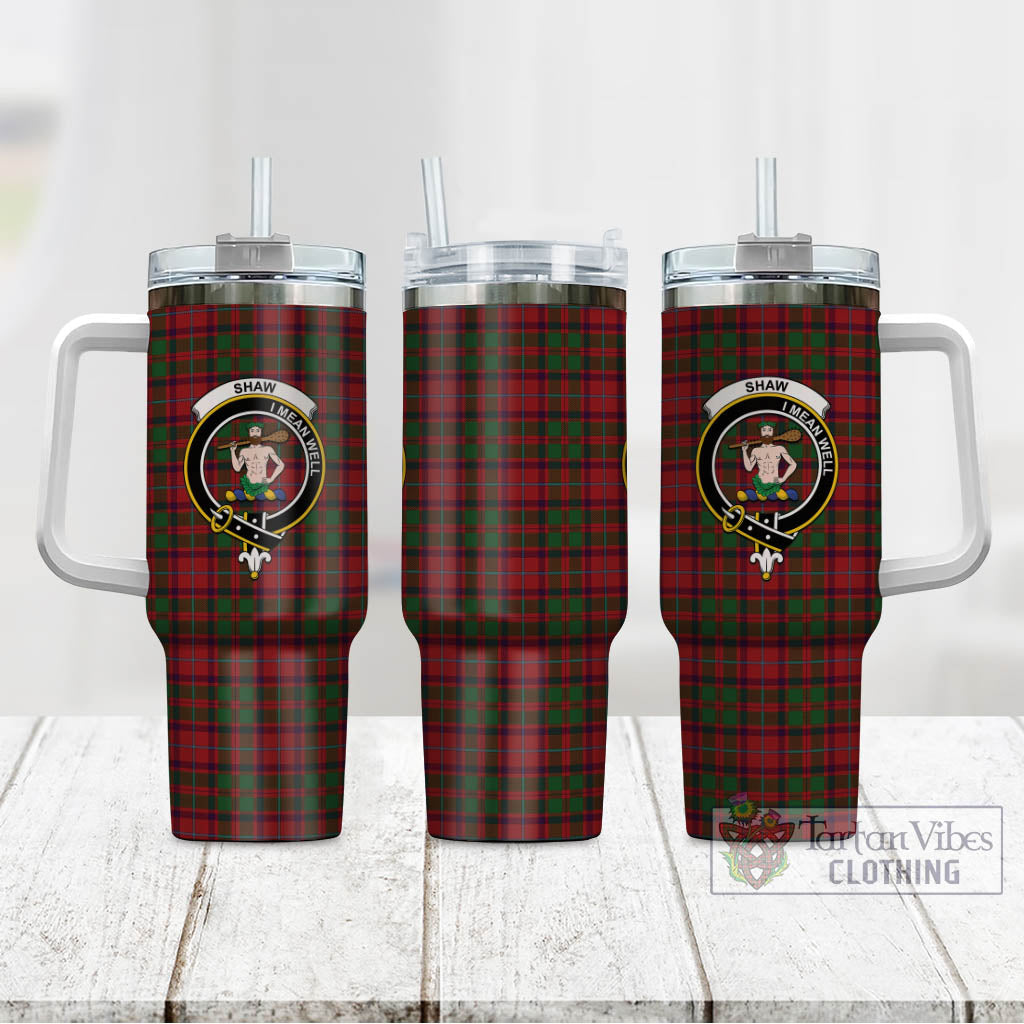 Tartan Vibes Clothing Shaw of Tordarroch Red Dress Tartan and Family Crest Tumbler with Handle