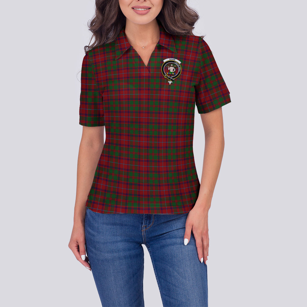shaw-of-tordarroch-red-dress-tartan-polo-shirt-with-family-crest-for-women