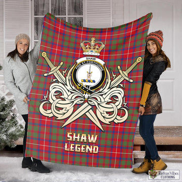 Shaw Red Modern Tartan Blanket with Clan Crest and the Golden Sword of Courageous Legacy