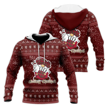 Shaw Red Modern Clan Christmas Knitted Hoodie with Funny Gnome Playing Bagpipes