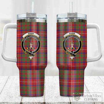 Shaw Red Modern Tartan and Family Crest Tumbler with Handle