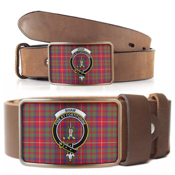 Shaw Red Modern Tartan Belt Buckles with Family Crest