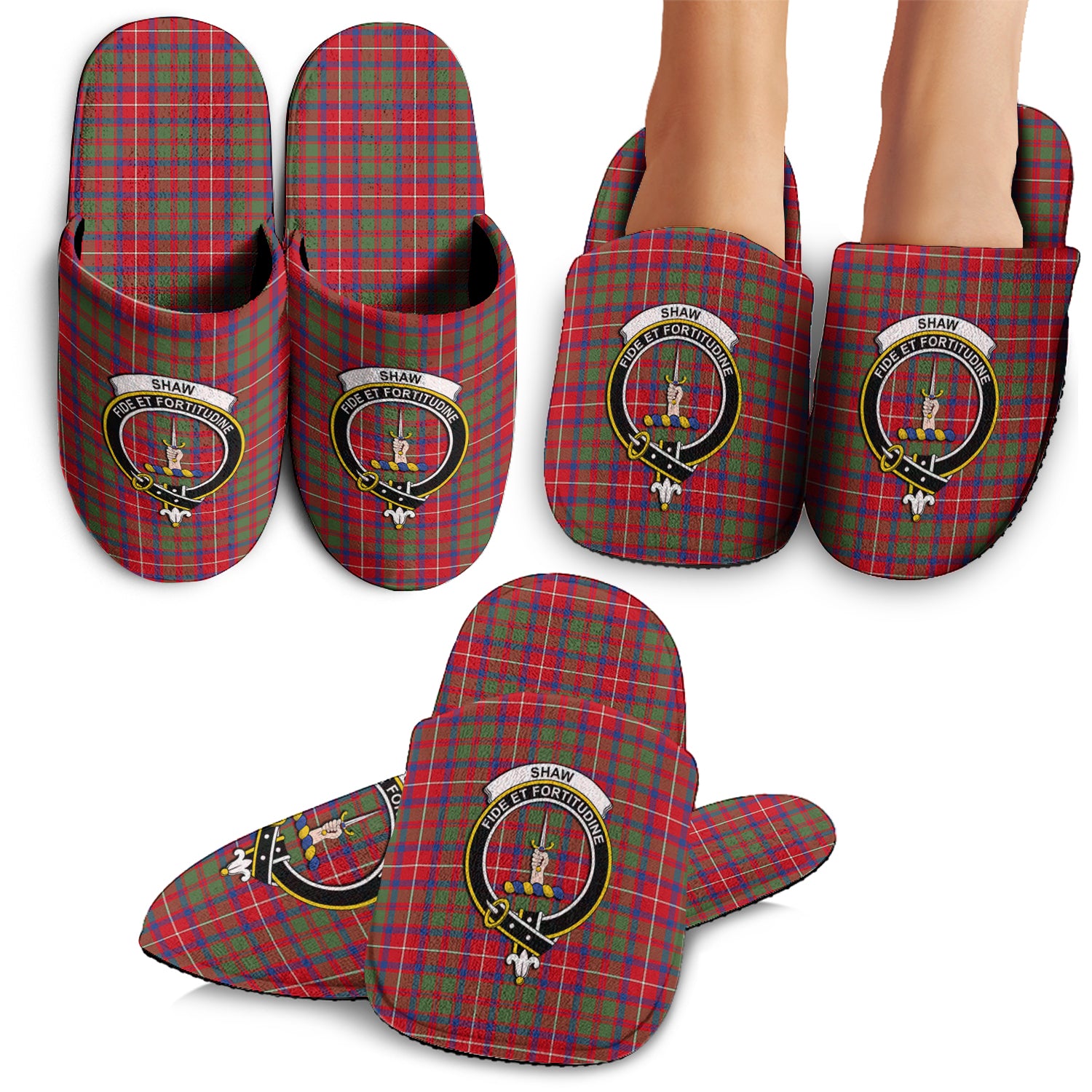Shaw Red Modern Tartan Home Slippers with Family Crest - Tartanvibesclothing Shop