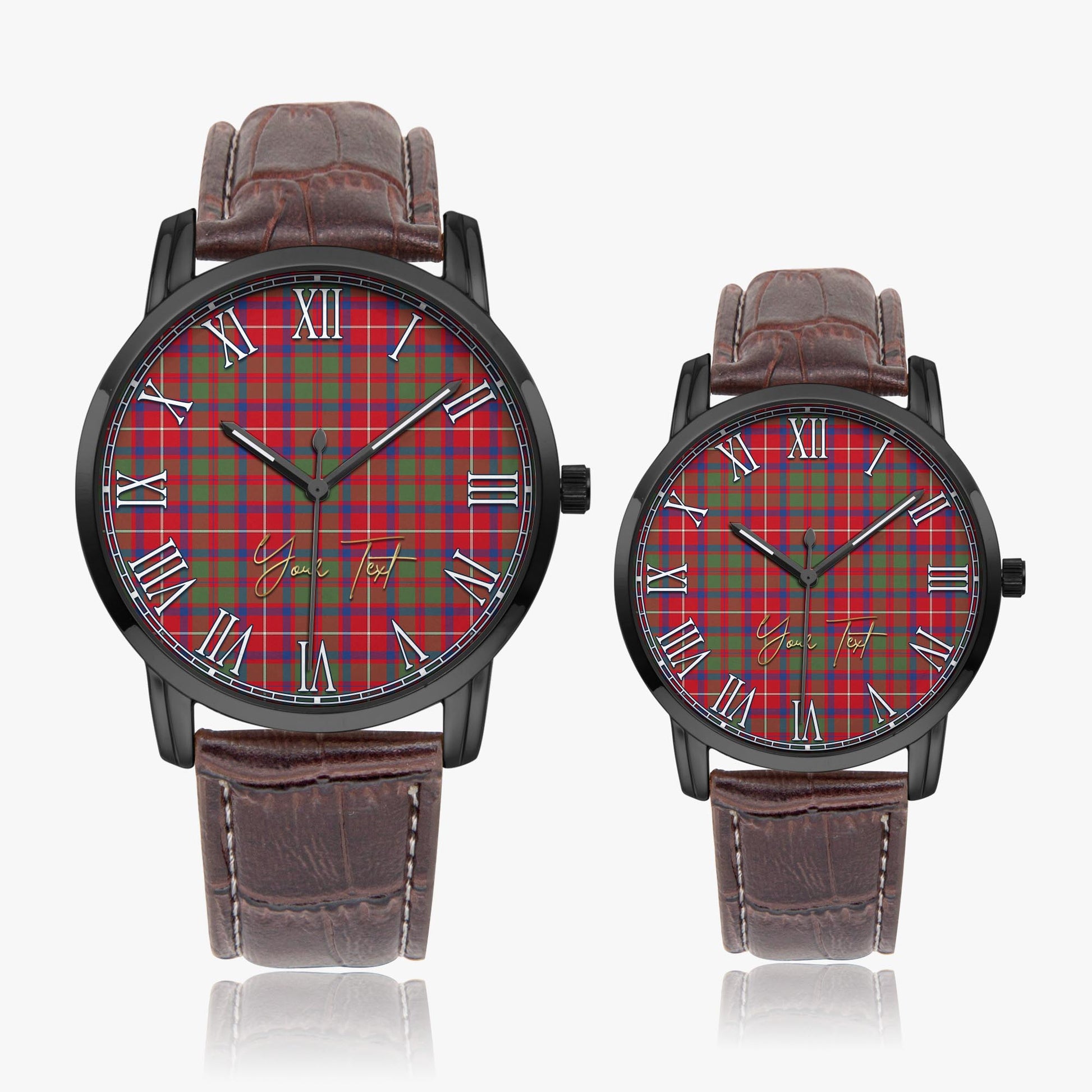 Shaw Red Modern Tartan Personalized Your Text Leather Trap Quartz Watch Wide Type Black Case With Brown Leather Strap - Tartanvibesclothing
