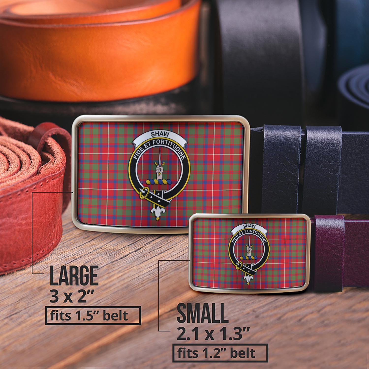 Shaw Red Modern Tartan Belt Buckles with Family Crest - Tartanvibesclothing Shop