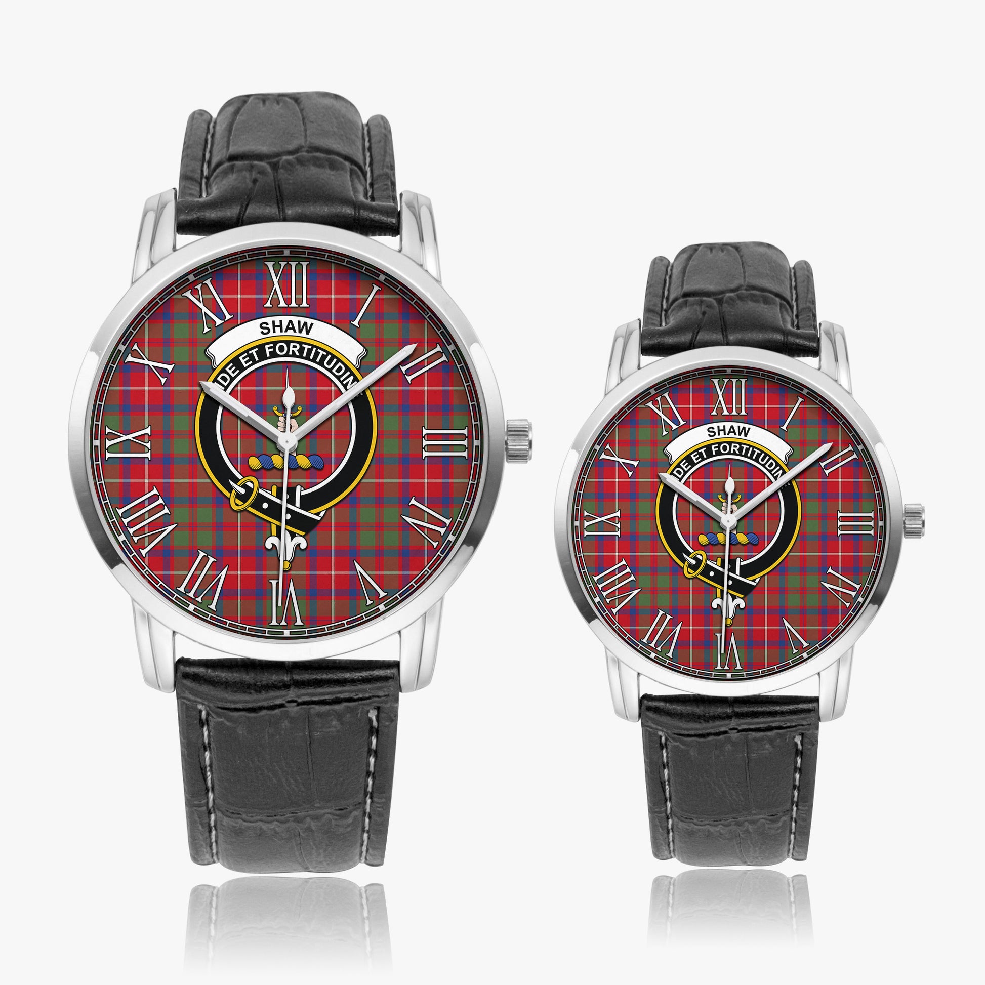 Shaw Red Modern Tartan Family Crest Leather Strap Quartz Watch - Tartanvibesclothing