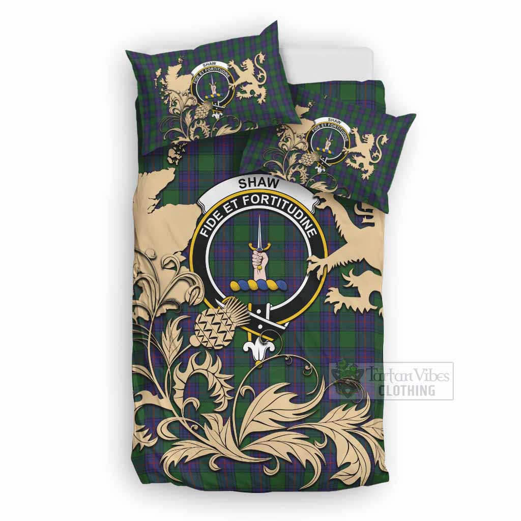 Shaw Tartan Crest Bedding Set with Scottish Iconic Symbols 