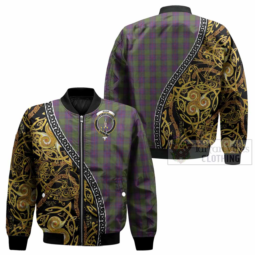 Shaw Tartan Crest Bomber Jacket Celtic Knot and Triple Trickle Spiral Symbols