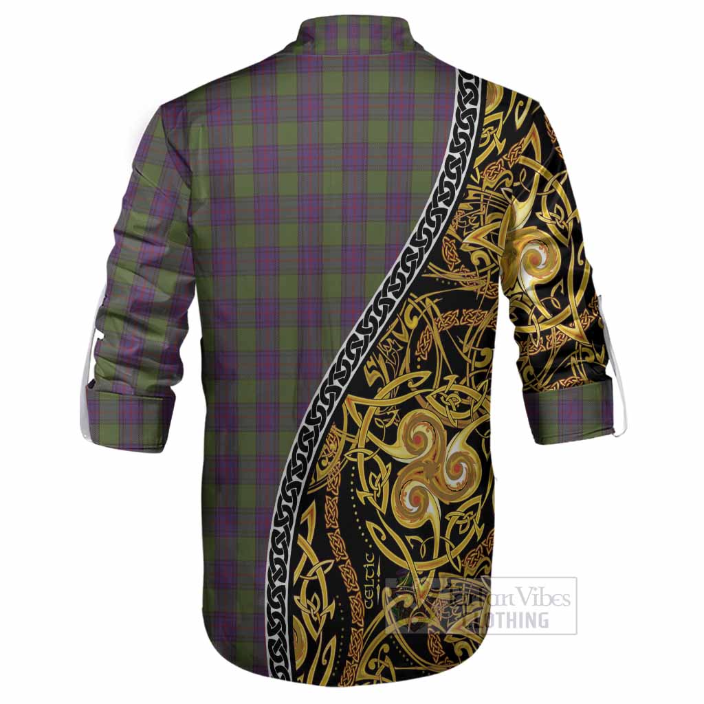 Shaw Tartan Crest Ghillie Shirt Celtic Knot and Triple Trickle Spiral Symbols