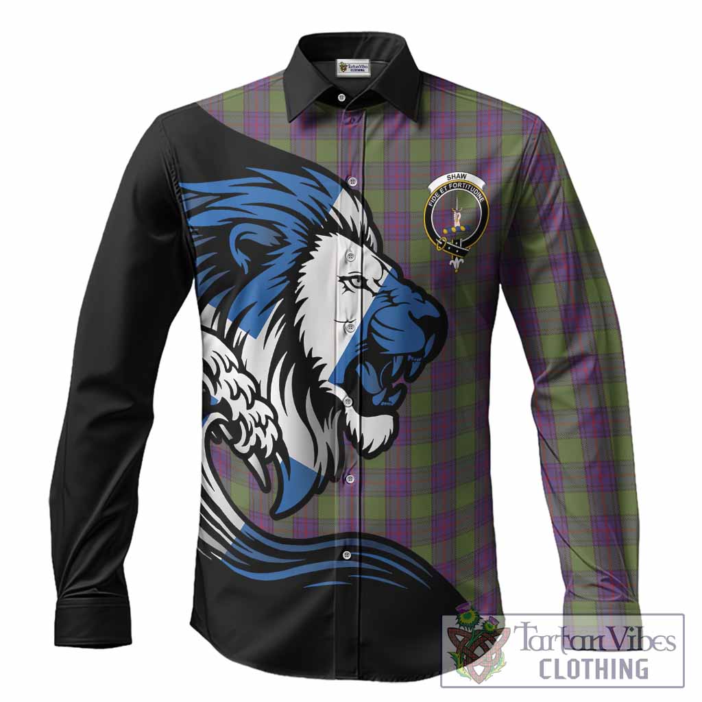Shaw Tartan Crest Long Sleeve Button Shirts Scottish Golden Lions Wave Flow