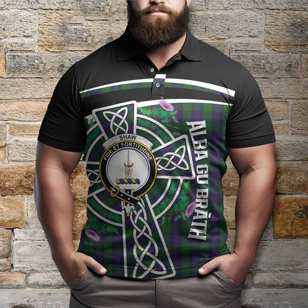 Shaw Tartan Crest Polo Shirt Scottish Thistle Celtic Cross Alba Gu Brath