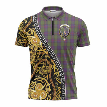 Shaw Tartan Crest Zipper Polo Shirt Celtic Knot and Triple Trickle Spiral Symbols